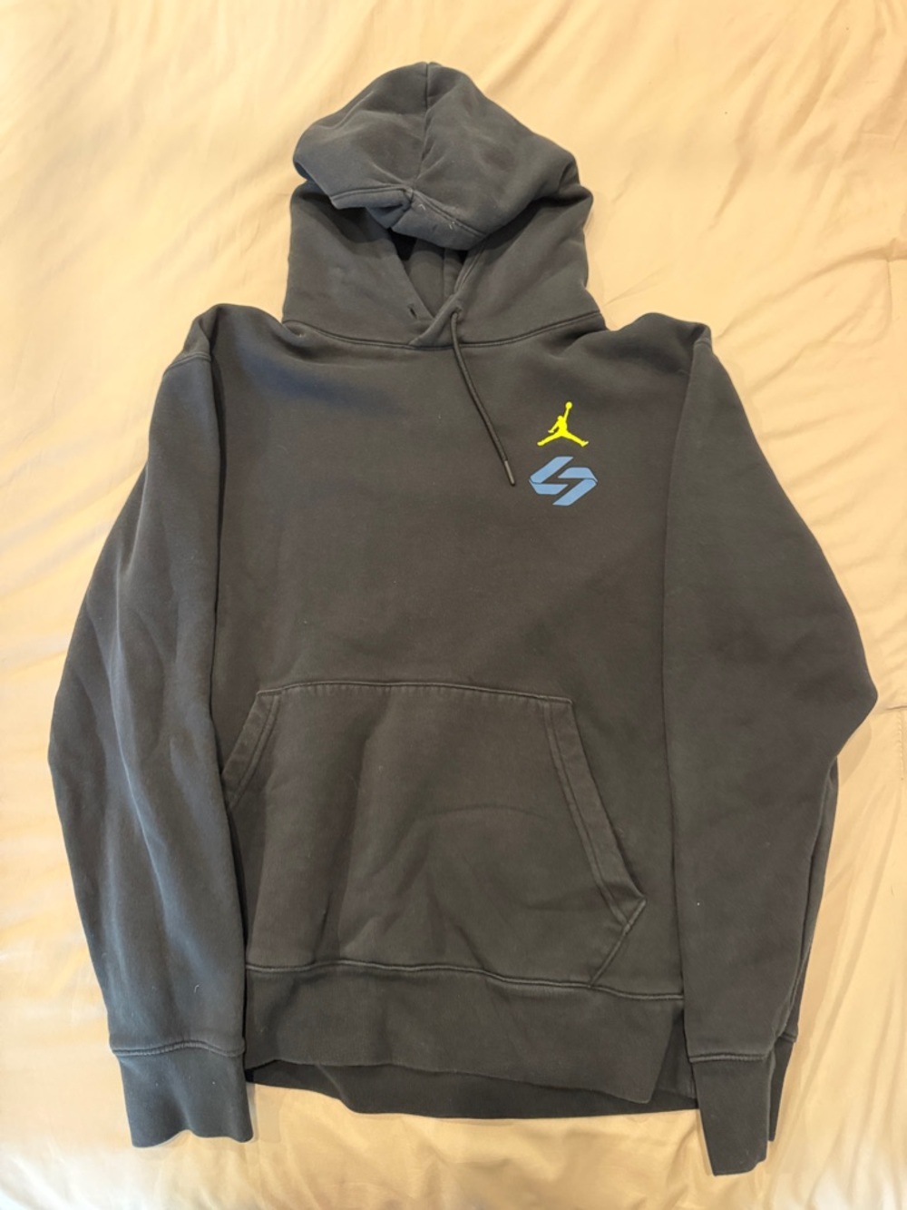 Jordan Men's Hoodie in Charcoal with Yellow Jumpman and Blue Accent